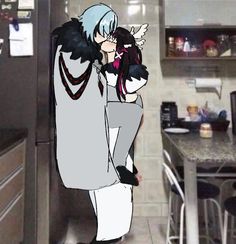 an anime character is standing in the kitchen