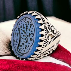 Natural Blue Yemeni Akik Shia Moslem Muslim Hand Engraved 925 Ring Holy Quran Aqeeq 925 Silver Islamic Men Ring یدالله فوق ایدیهم Stone size is 18x25 mm and back of ring is open so touch the skin. Traditional Blue Hallmarked Rings, Traditional Hallmarked Blue Rings, Blue Sterling Silver Engraved Signet Ring, Islam Bleu, Collectible Blue Signet Ring, Aqeeq Rings Women, Islamic Ring, Tuareg Ring Silver, Aqeeq Stone Ring For Men