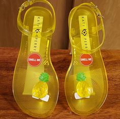 This Is A Pair Of Brand New, Women's Size 8, Flat, Yellow Geli Sandals With A Cute Pineapple Toe Post. These Also Smell Like Pineapple. Great For Vacation! Ankle-Strap. Pvc. In The Original Box. Smell Like Pineapple, Cute Pineapple, Shoes Brand, Katy Perry, Shoe Brands, Ankle Strap, Pineapple, Original Box, Womens Sizes