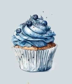 a cupcake with blue frosting and sprinkles on top is shown