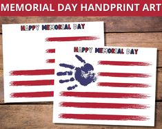 memorial day handprint art is displayed on a wooden table with an american flag background