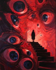 a painting of a man standing on top of a stair case in front of red and black swirls