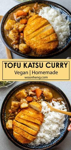 tofu katsu curry in a bowl with rice and carrots