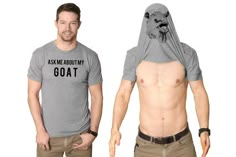 a man wearing a hoodie with the words ask me about my goat on it