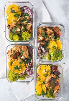 four glass containers filled with different types of food