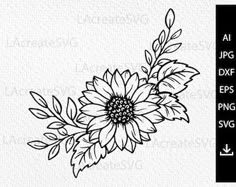 a black and white drawing of a sunflower