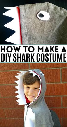 a boy wearing a shark costume with the words how to make a diy shark costume