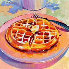 a painting of waffles on a pink plate with a fork and cup in the background