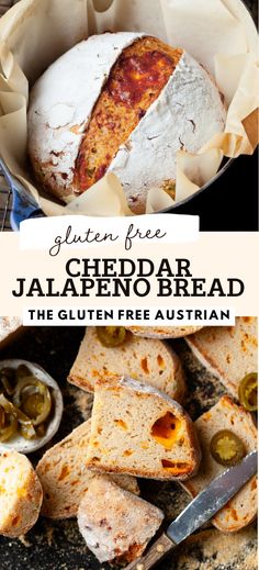 the gluten free cheddar jalapeno bread is cut in half