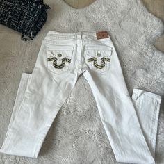 Skinny Jeans With Leather Snake Skin On The Back Pockets, Used Once And I Got Bigger, My Loss , Your Gain True Religion Jeans, True Religion, Snake Skin, Colored Jeans, Women Jeans, White, Women Shopping, Leather, Color