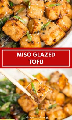 miso glazed tofu with chopsticks in it and the title overlay reads miso glazed tofu