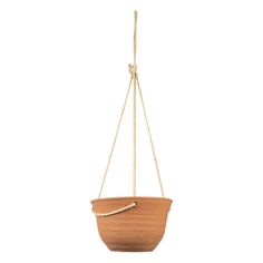 a wooden hanging pot with rope