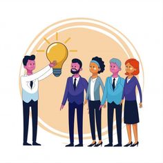 a group of business people standing in front of a light bulb with one man pointing at it