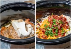 two pictures of food in the crock pot with cheese and bacon on top, and one showing how to make it