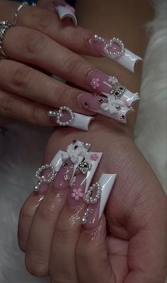 Pink Rhinestone Nail Designs, Latina Nail Ideas, Baddie French Tip Nails, Latina Nail Designs Pink, Nails Coquette, Nails Charms, Spring Nail Designs, Racun Shopee, Girly Acrylic Nails