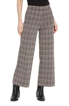 Ponte jacquard in polished plaid elevates these pull-on high-waist pants cut in a trendy wide-leg silhouette. 28" inseam; 11 1/4" leg opening; 12" front rise; 15 1/2" back rise Pull-on style Back patch pockets Extrawide, interior smoothing waistband 76% polyester, 19% viscose, 5% elastane Machine wash, line dry Imported Chic Plaid Wide Leg Pants, Chic Plaid Straight Leg Pants, Trendy Wide Leg Pants For Fall Formal Events, Trendy Wide Leg Pants For Fall Formal Occasions, Formal Plaid Wide Leg Bottoms, Elegant Plaid Pants For Spring, Trendy Formal Wide Leg Pants For Fall, Plaid Wide Leg Pants For Formal Occasions, Plaid High Waist Wide Leg Pants