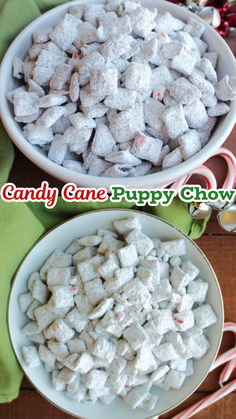 two bowls filled with candy cane puppy chow