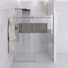 a bathroom with a shower head and hand held showerhead in the middle of it