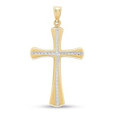 Styled in 14K yellow gold, this classic cross pendant for her features a textured white rhodium design in the center. The chain is sold separately. 14k White Gold Cross Pendant, Spiritual 14k Gold Cross Pendant, Diamond Cut Yellow Gold Cross Pendant, Yellow Gold Diamond Cut Cross Pendant, Yellow Gold Cross Pendant With Diamond Accents, Yellow Gold Cross Charms For Baptism, Yellow Gold Cross Pendant For Baptism, Yellow Gold Diamond-cut Cross Pendant, Tarnish-resistant Yellow Gold Cross Pendant