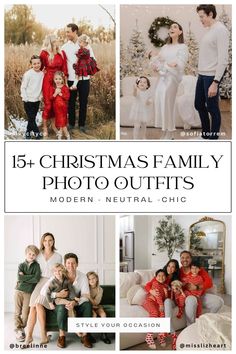 christmas family photos with the words modern neutral chic in white, red and green