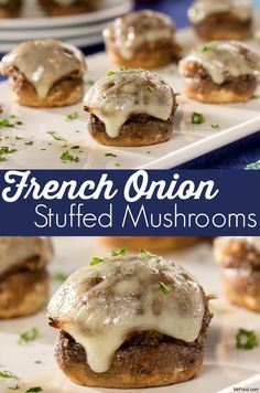 french onion stuffed mushrooms with gravy and parmesan cheese on the top