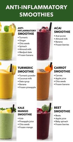 an image of different smoothie drinks with the words anti - inflamatory smoothies