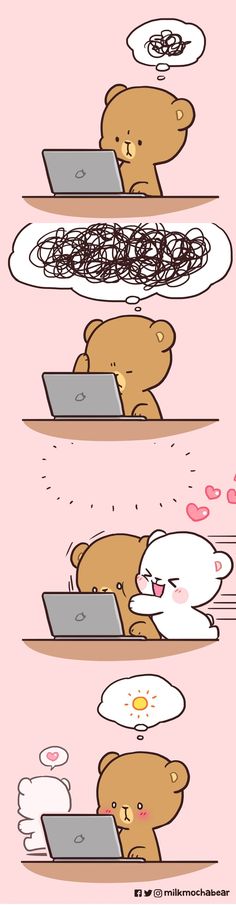 some cartoon bears are using laptops and eating food