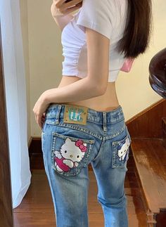 Kawaii Jeans, Plus Size Y2k, Y2k Low Rise Jeans, Sanrio Fashion, Pants Low Rise, Hello Kitty Y2k, Y2k Hello Kitty