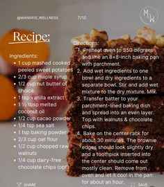 a recipe for brownies on a plate with oranges in the background