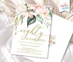 two wedding cards with flowers on them and the words eighty and fabulous written in gold