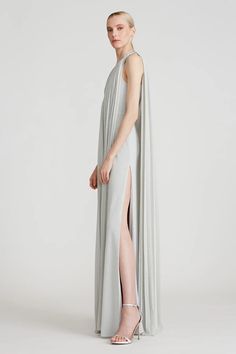 Halston - Priya Knit Pleated Gown - Silver Knit Gown, Pleated Gown, Side Zipper, Knit Jersey, One Shoulder, Slip Dress, Size 4, Twist, Zipper