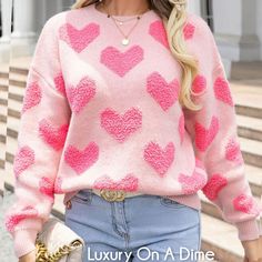 Fuzzy Knit Heart Valentine's Classic Round Neck Pullover Long Sleeve Sweater This beautiful pullover sweater shirt is perfect for Valentine's day and even after.Retro fuzzy shag hearts offering a jacquard textured addition.Comfortable, functional, soft sweatshirt top that makes it effortless to incorporate into any wardrobe.Ribbed trim on the round neckline, long sleeves and bottom hem.Easy pairing with jeans or leggings for a casual style. Details: Color: Pink Sleeves: Long Hood: No Neckline: R Snowboarding Hairstyles, Valentines Fashion, Outfits Coquette, Outfit Coquette, Dress Dinner, Hyper Feminine, Coquette Outfit, Feminine Outfits, Fall Pullover