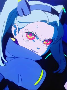 an anime character with red eyes and blue hair