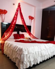 romantic bedroom decor for anniversary Simple First Night Room Decoration, Just Married Room Decoration, Romantic Room Design, Valentines Bedroom, Romantic Dinner Decoration, Wedding Bedroom