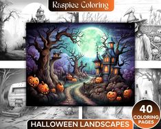 halloween landscape coloring pages with pumpkins and houses