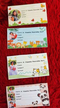 three children's place cards on red carpet with panda bear and other cartoon characters