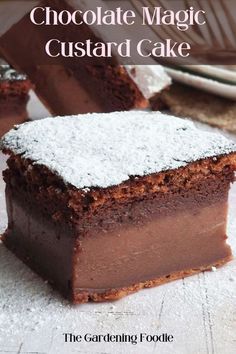 chocolate magic custard cake with powdered sugar on top and the title overlay reads, the gardening foodie