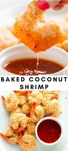 baked coconut shrimp is being dipped with dipping sauce and served on a white plate for dipping