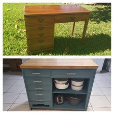 an old dresser turned into a kitchen island with two drawers and one drawer on top