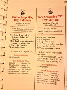 a recipe book with instructions on how to make taco seasoning mix in it