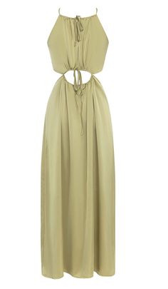 Captivate the room in this olive green satin maxi dress designed with a skin-baring rectangular waist cutout. The slim shoulder straps and floor-grazing skirt provide an elegant contrast to the provocative cutout. Strut your stuff at formal events in this scene-stealing stunner. Gentle Dry Clean Only Colour may vary due to lighting on images. The product images (without model) are closest to the true colour of the product.Item runs true to size chart and is cut to suit our size chart. Please ref Elegant Green Dress With Cutout Details, Elegant Green Cutout Dress, Olive Maxi Dress For Party, Green Satin Chic Maxi Dress, Chic Green Maxi Dress With Cutout, Chic Green Midi Dress With Cutout, Chic Green Cutout Midi Dress, Elegant Olive Maxi Dress For Summer, Green Satin Maxi Dress