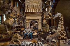 a man sitting on a chair surrounded by stuffed animals and giraffe's