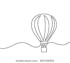 a hot air balloon flying over the ocean with waves on it's side, line art