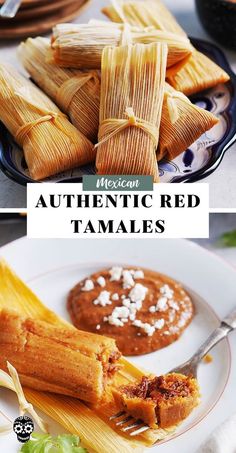 mexican authentic red tamales on a plate with dipping sauce