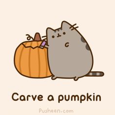 a cartoon cat with a pumpkin in its mouth and the words care a pumpkin written below it