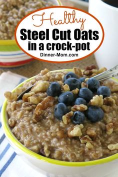 steel cut oats in a crock pot with blueberries and walnuts on top