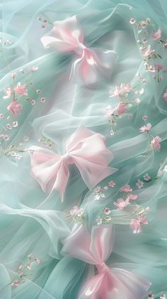 pink flowers and bows on blue fabric with white mesh overlaying the image in full color