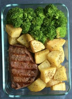 broccoli, potatoes and steak in a glass dish