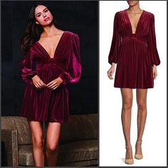 Gianni Bini Mariah Long Sleeve Plunging V-Neck Velvet Mini Dress New With Tags Vibrant Burgundy Color Stretch Velvet Fabric Fit And Flare Silhouette Plunging V-Neckline And V Back Long Sleeves With Light Ruched Shoulders And Elastic Sleeves Empire Waistband Concealed Back Zip Closure Fully Lined. Polyester /Elastane Dry Clean Size 2: Bust 32”, Waist 26”, Length 33” Size 4: Bust 34”, Waist 28”, Length 33 Fitted V-neck Dress For Date Night, Glamorous V-neck Mini Dress For Brunch, Fitted V-neck Long Sleeve Dress For Date Night, Fitted Long Sleeve V-neck Dress For Date Night, Fall Cocktail V-neck Mini Dress, Silk V-neck Evening Dress, Fall Party Dress With Notched Neckline, V-neck Mini Dress For Fall Brunch, Chic Silk V-neck Cocktail Dress