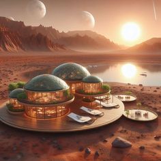 an artist's rendering of some futuristic buildings in the desert